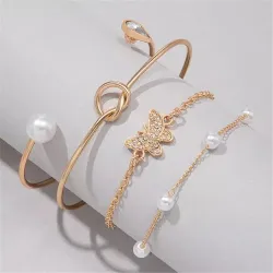 Classic Pearl Rhinestone Butterfly Bracelet for Women (4 Pcs)